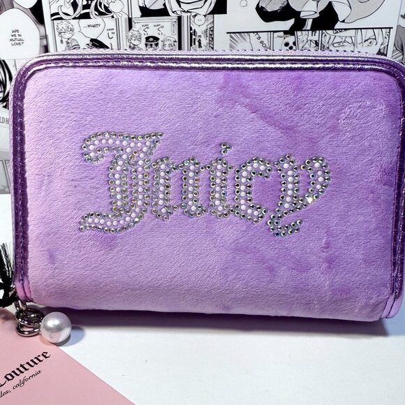 NWT Juicy Couture String Of Pearls Double Medium Zip Around Wallet Violet Tulle - Picture 2 of 9